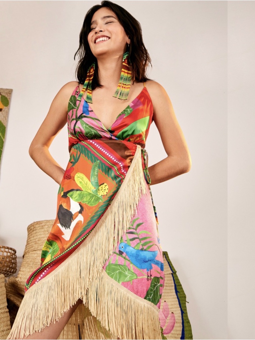 FARM Rio Multicolor Tropical Fringe Midi Dress
